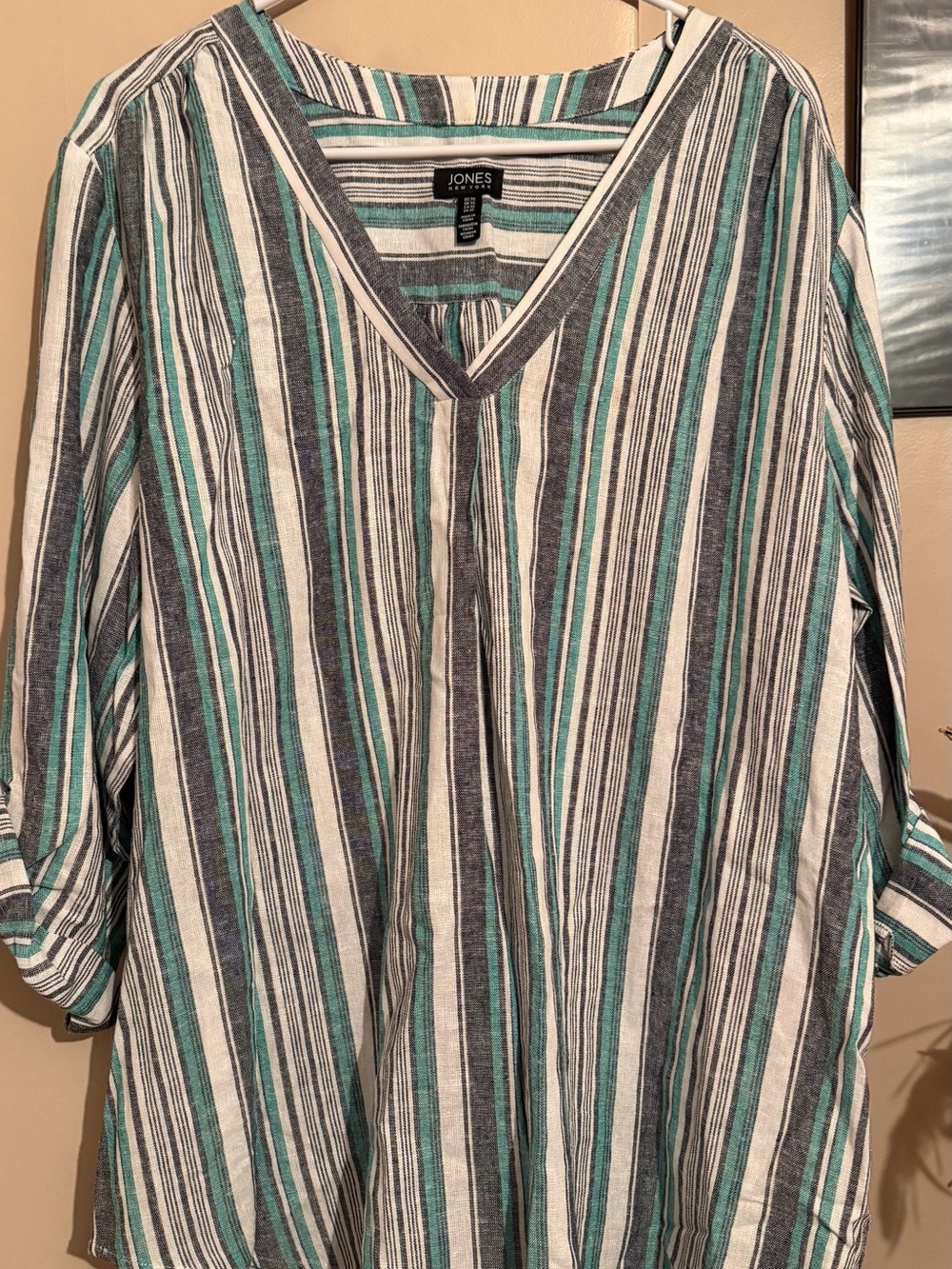 Jones New York Teal, Gray & White Striped V-Neck Tunic
